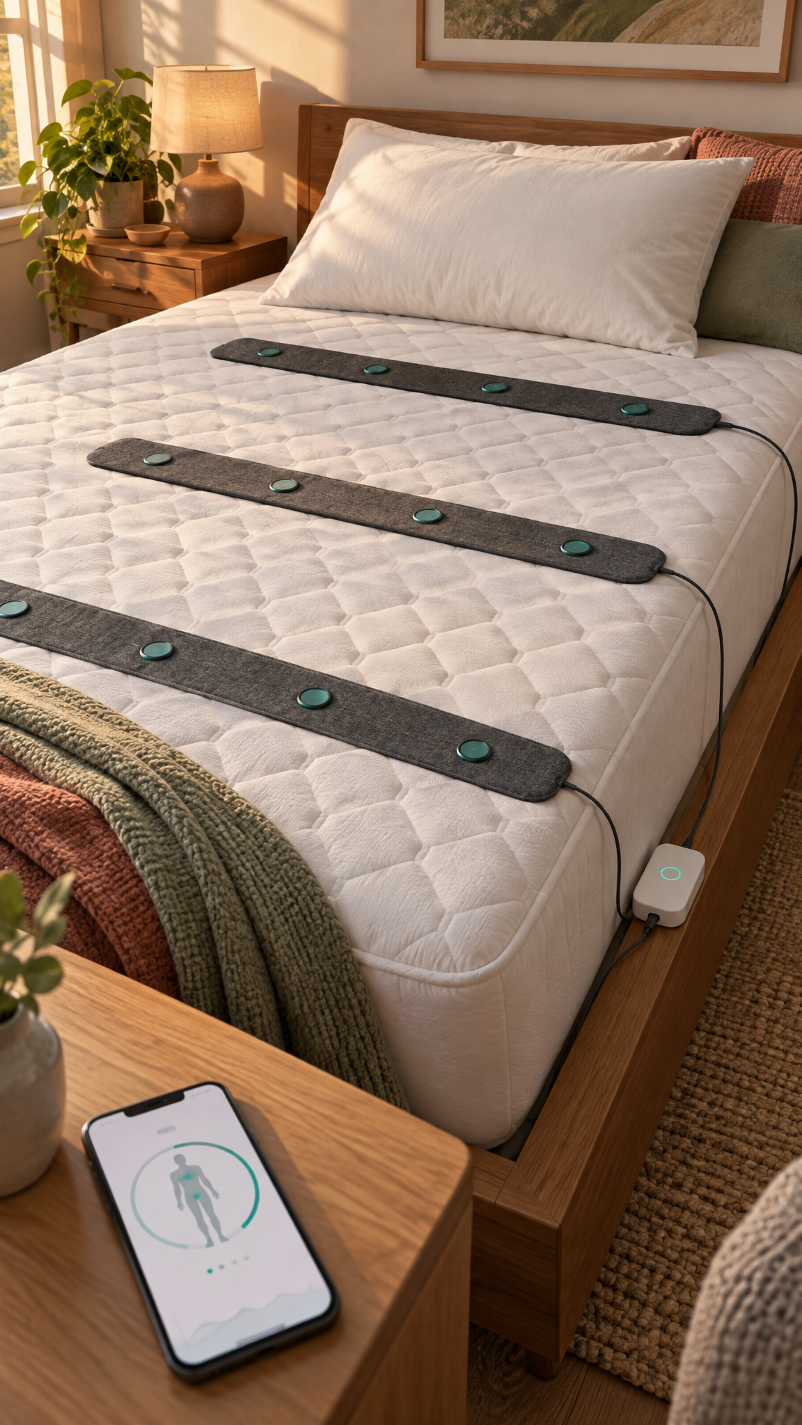 Three TurnEase sensor strips placed across a normal bed and connected to a bedside hub
