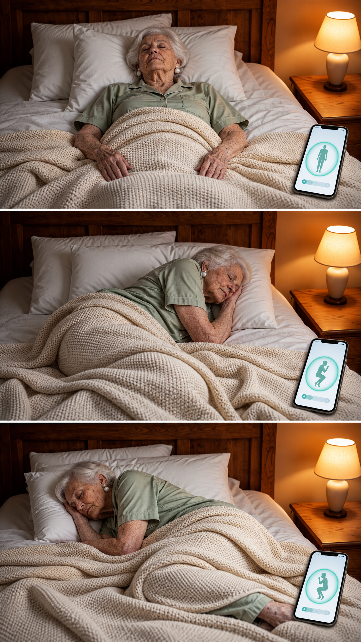 The same woman shown on her back, right side, and left side with matching TurnEase app positions