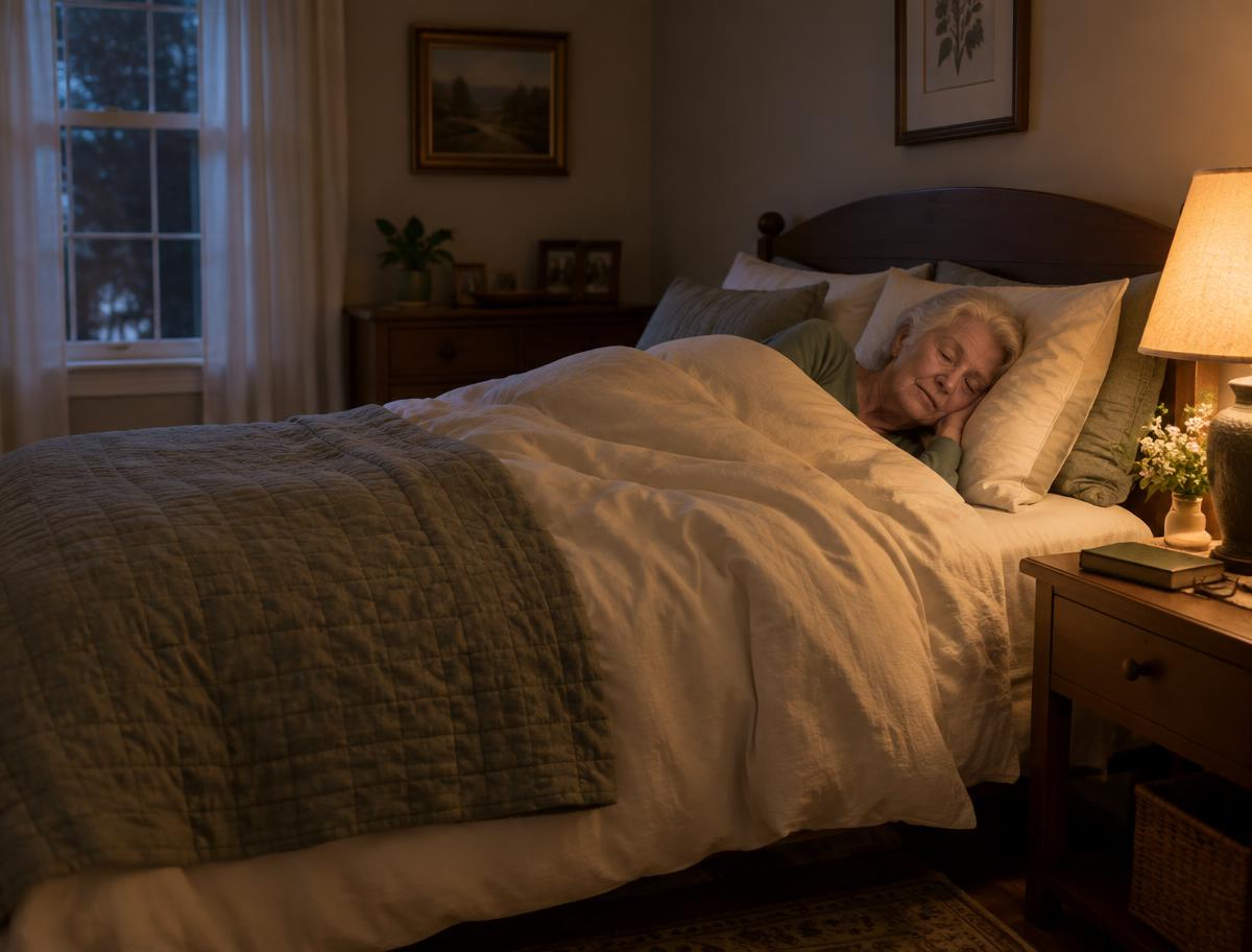 An elderly woman sleeping peacefully in her bedroom at home
